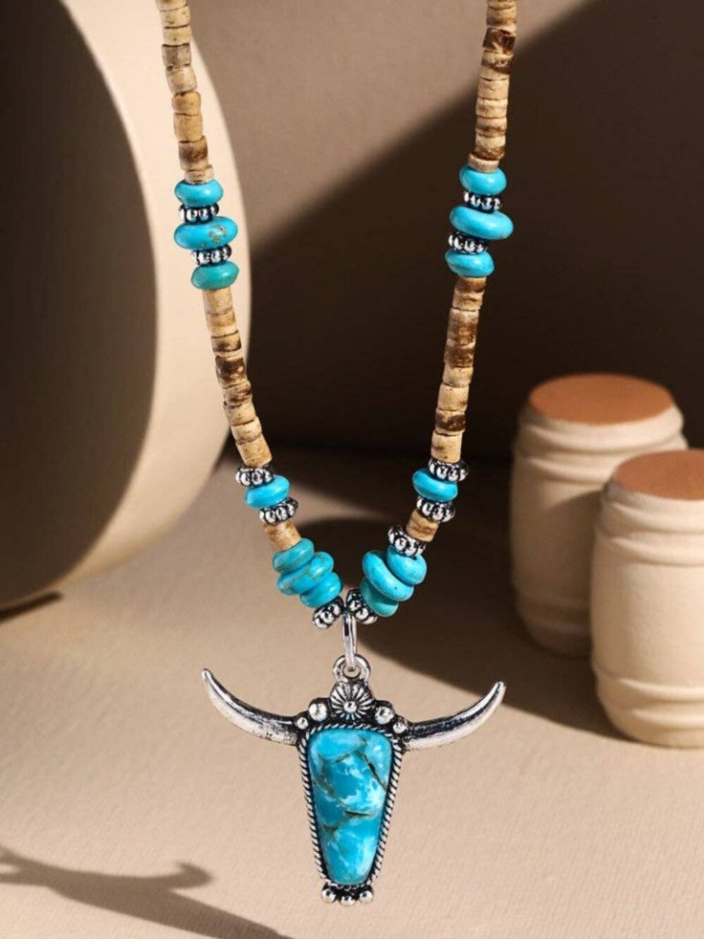 Western Wood Bead Steer Head Necklace & Wood Bead Earrings